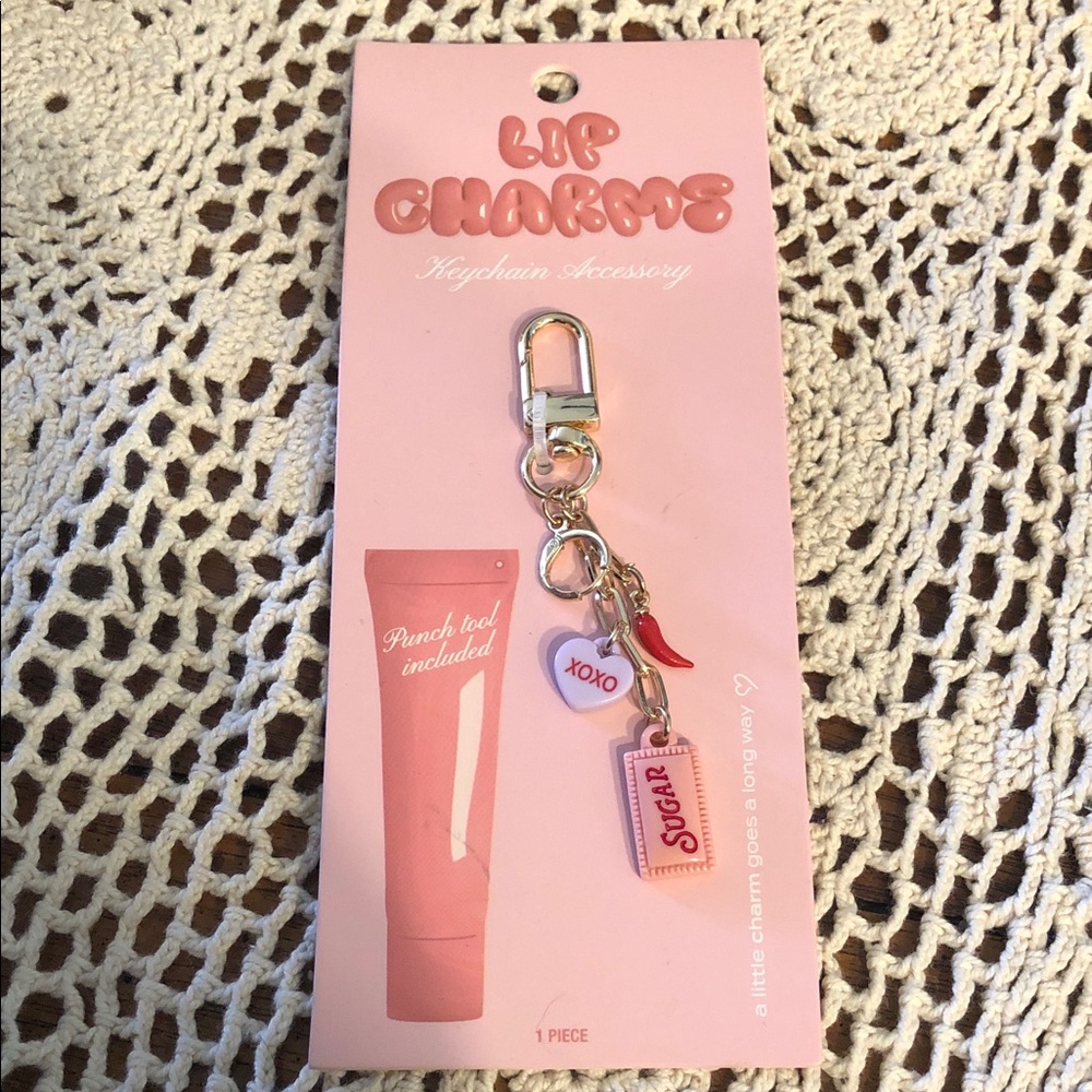 Lip Charm Keychain Accessory in Pink - Cute Lip Balm & Heart Charms